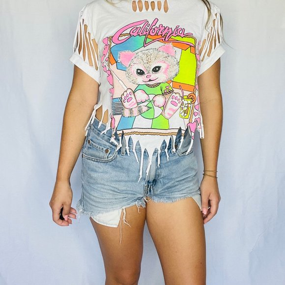 Vintage 90's Neon California Beach Cat Fringe Top Adult Small - Picture 3 of 5